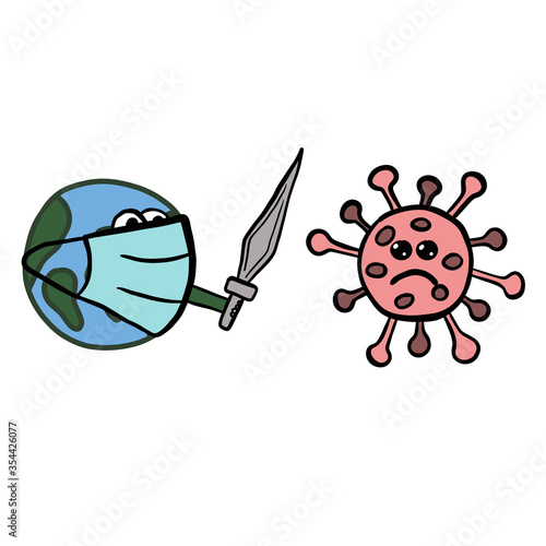 Vector illustration about virus covid-19 planet fights with sward against virus.