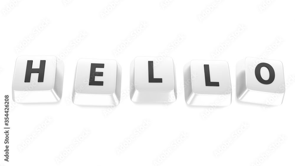 HELLO written in black on white computer keys. 3d illustration. Isolated background. HELLO written in black on white computer keys. 3d illustration. Isolated background.