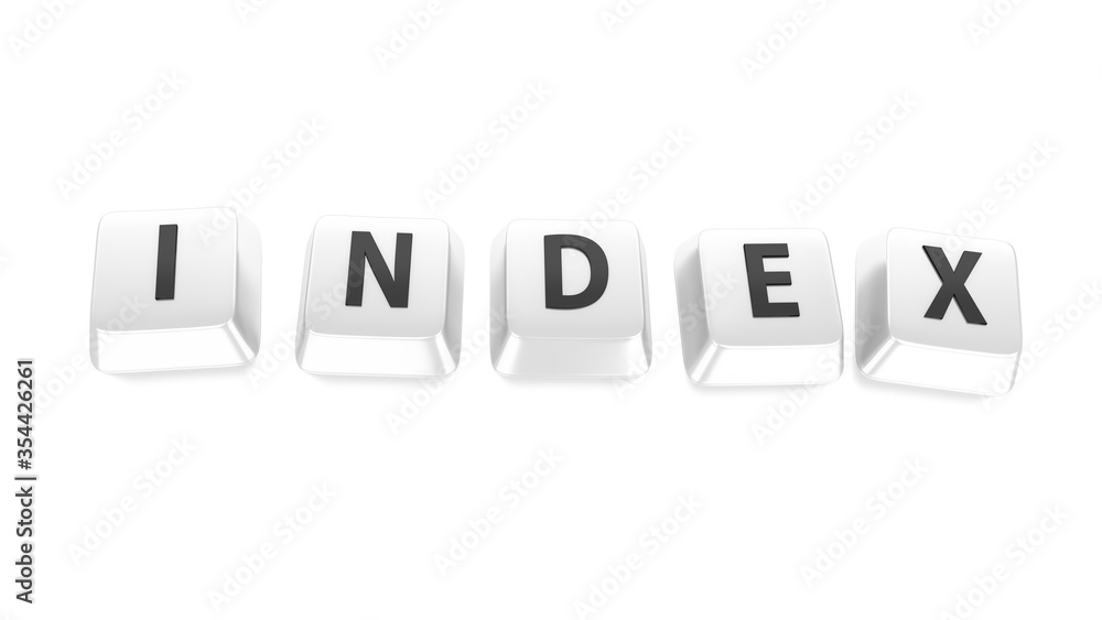 INDEX written in black on white computer keys. 3d illustration. Isolated background. INDEX written in black on white computer keys. 3d illustration. Isolated background.