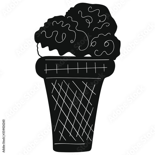 Black and white ice cream in a crispy waffle cup. Syrup poured cold sweets. Vector.