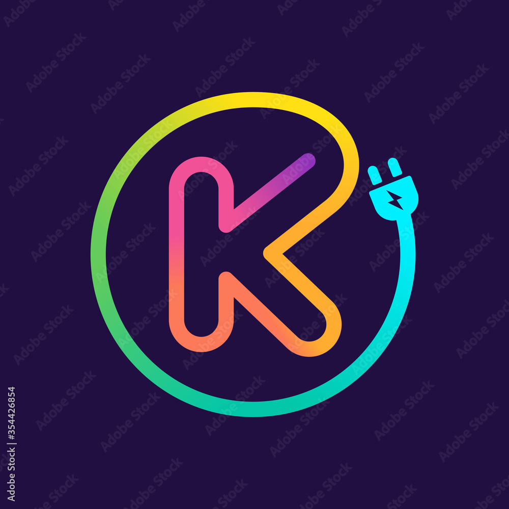 K letter logo in a circle with plug adapter cable. K letter logo in a circle with plug adapter cable.