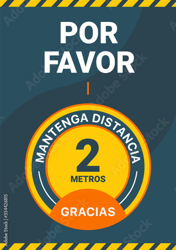 Poster keep your distance in spanish. Round floor marking Shoe prints 2 meters. Social distancing. Vector image. Stickers for public places where there are a lot of people. Protection, medical health.