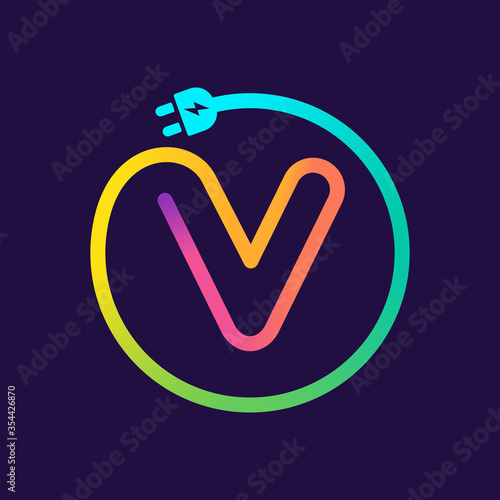 V letter logo in a circle with plug adapter cable.