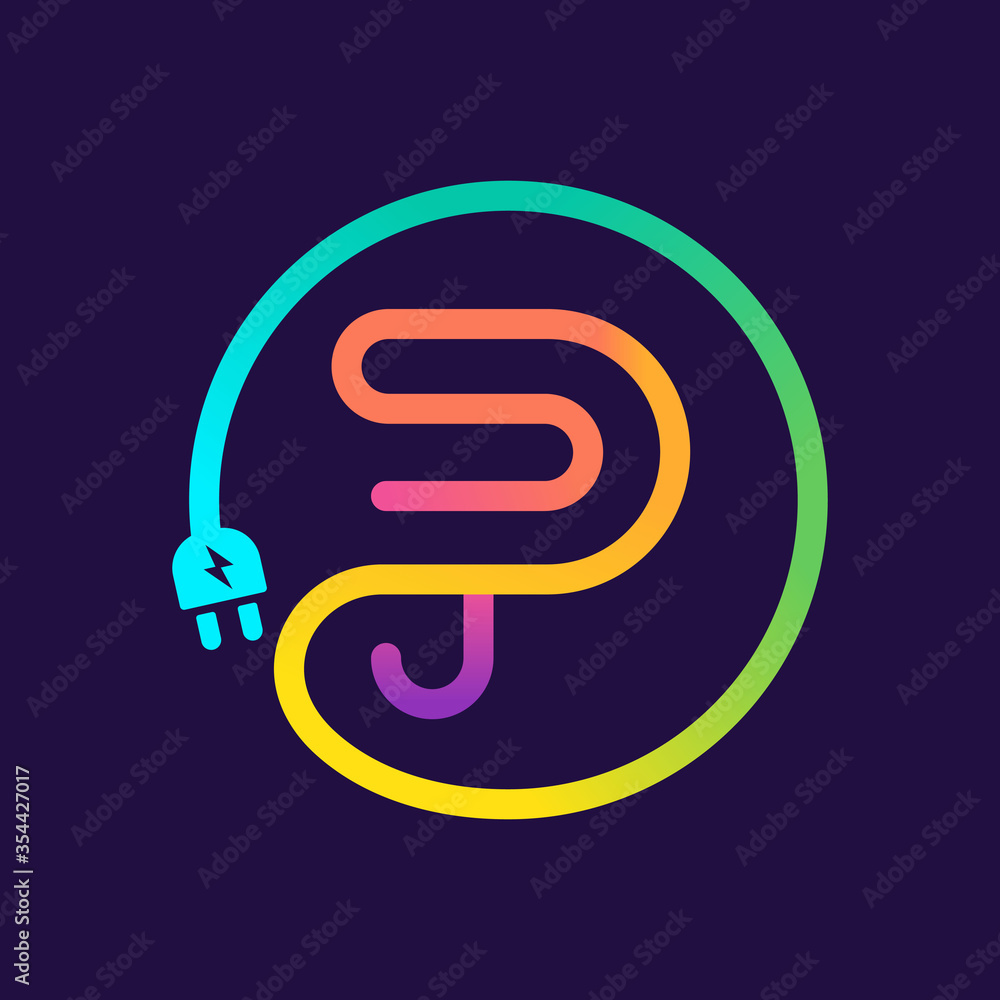 P letter logo in a circle with plug adapter cable. P letter logo in a circle with plug adapter cable.
