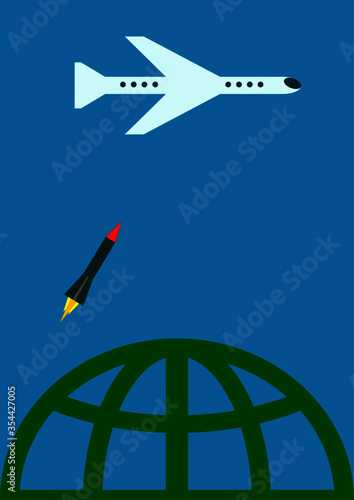 A plane shot down by a military rocket in the sky plane crash. Template for text. Poster. Advertising on the account. Tragedy. Trouble. Vector background image. Military conflict. Danger.