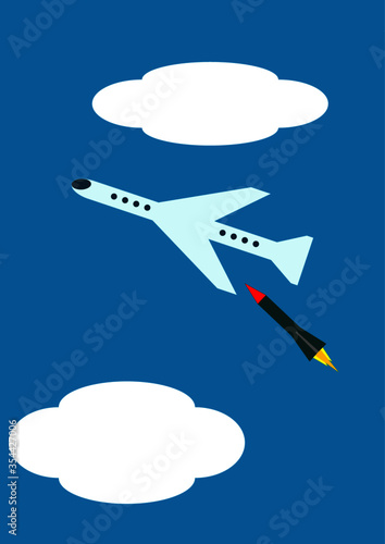 A plane shot down by a military rocket in the sky plane crash. Template for text. Poster. Advertising on the account. Tragedy. Trouble. Vector background image. Military conflict. Danger.