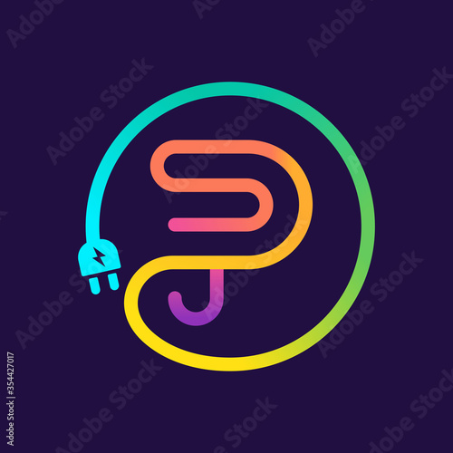 P letter logo in a circle with plug adapter cable.
