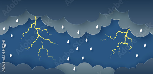 Vector illustration of thunderstorm. Clouds, rain and lightning. Paper cut style.