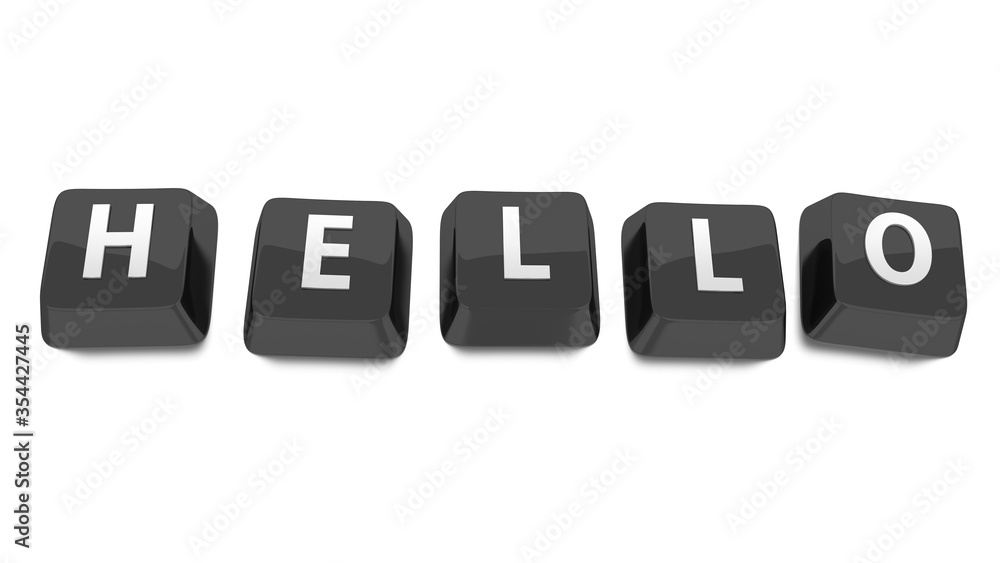 HELLO written in white on black computer keys. 3d illustration. Isolated background. HELLO written in white on black computer keys. 3d illustration. Isolated background.
