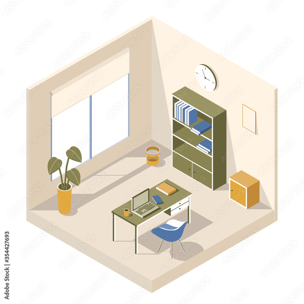 Vector isometric design of a workplace, home office, room interior. Isolated on the white background.