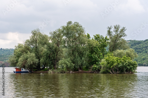 An island on the Danube. River island in the Danube, under the cloudy sky