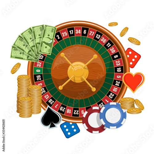 European roulette. Logo for Roulette gamble. Red & Black Betting casino squares. Casino gambling. Gamble game in online casino. Classic casino roulette. Chips, croupier, craps dice, and playing cards.