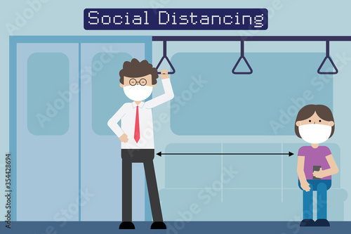 business man and woman have a social distancing in public transportation