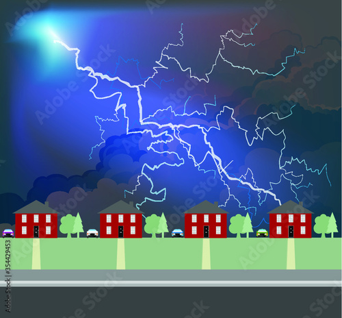 Dark storm clouds and lightning over houses on urban residential street