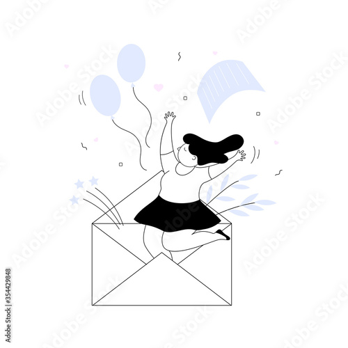 Young cheerful girl jumping out of the from the envelope with the letter.E-mail message, holiday greetings, Valentine's Day.Delivery service.Vector illustration, clip art.