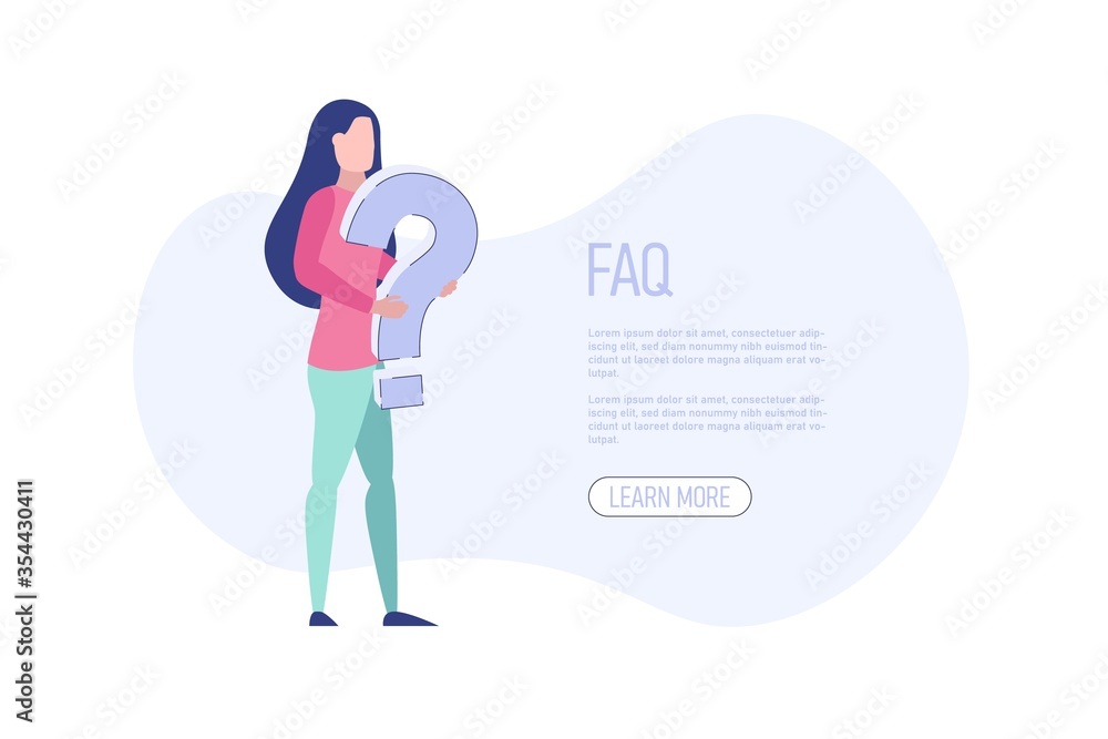 Woman holding big question mark in hands. FAQ vector illustration concept. Isolated template can use for landing page, ui, web, mobile app. Vector web illustration isolated on white background. Woman holding big question mark in hands. FAQ vector illustration concept. Isolated template can use for landing page, ui, web, mobile app. Vector web illustration isolated on white background.