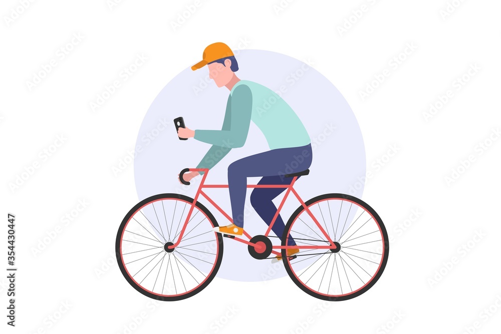 Man rides a bicycle and use smartphone. Vector flat web illustration. Male sitting on bike and holding mobile phone. Web illustration isolated on white background. Man rides a bicycle and use smartphone. Vector flat web illustration. Male sitting on bike and holding mobile phone. Web illustration isolated on white background.