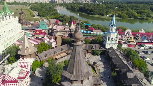 Church of St. Nicholas in Izmailovsky Kremlin (Kremlin in Izmailovo), Moscow, Russia. The new church, built in the traditions of Russian wooden architecture. Aerial photo