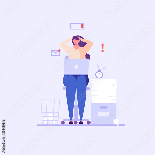 Woman sitting with laptop, no vigor. Concept of tired people, stress and emotional burnout, low energy, frustrated worker, inefficiency. Vector illustration in flat design. © Aleksandr