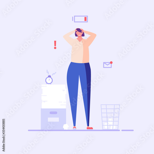 Woman stands and holds her head , no vigor. Concept of tired people, stress and emotional burnout, low energy, frustrated worker, inefficiency. Vector illustration in flat design.
