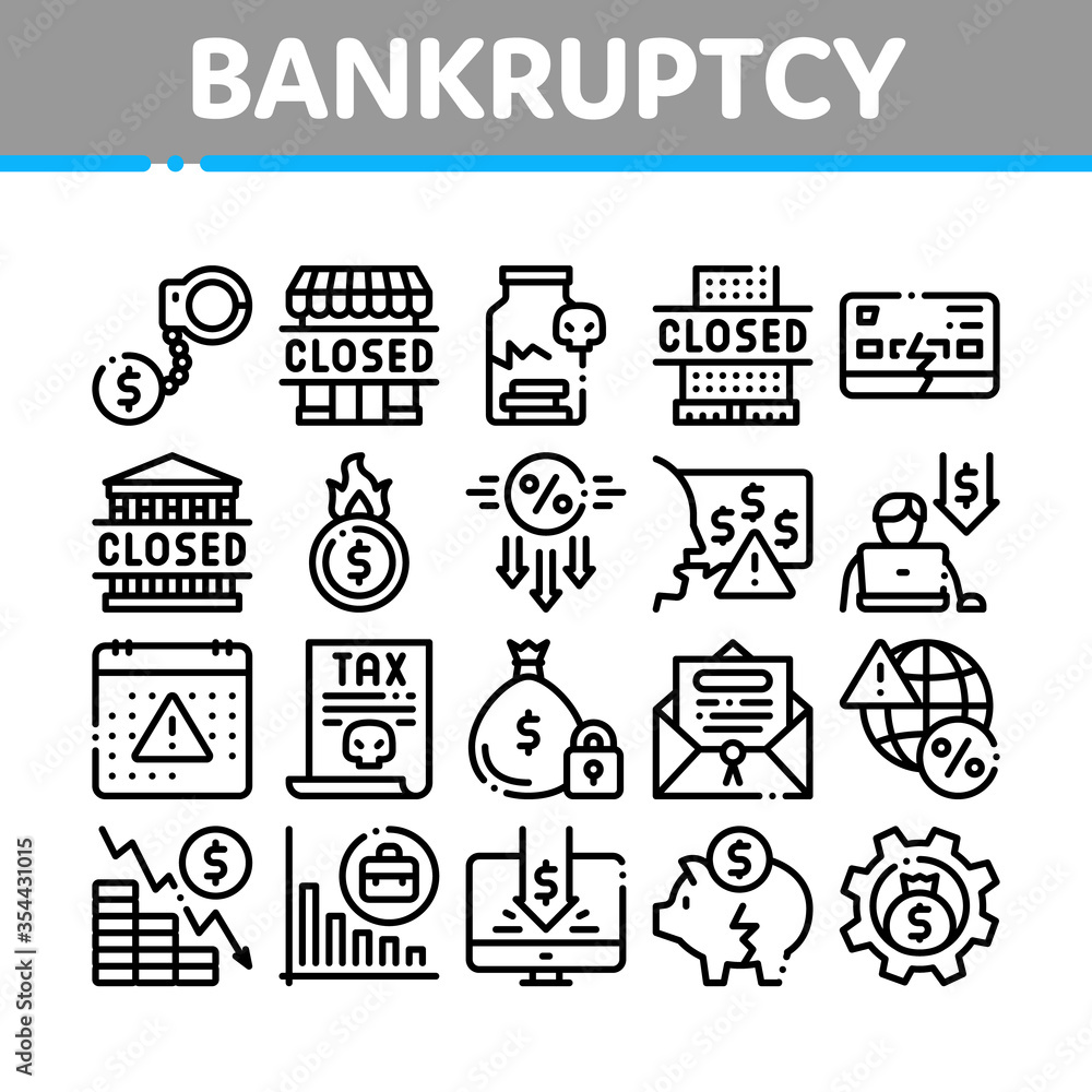 Bankruptcy Business Collection Icons Set Vector. Bankruptcy Shop And Company, Closed Office And Store, Tax And Crisis, Broken Card And Piggy Concept Linear Pictograms. Monochrome Contour Illustrations