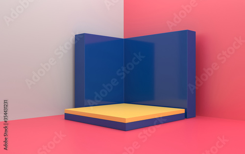 abstract geometric shape group set, pink studio background, rectangle yellow pedestal with blue wall, 3d rendering, scene with geometrical forms, fashion minimalistic scene, simple clean design