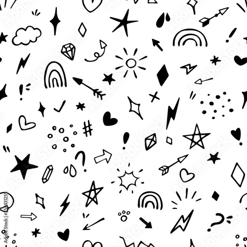 Vector seamless pattern with different stars  sparkles  arrows  hearts  diamonds  signs and symbols. Hand drawn  doodle style. Design for wallpaper  wrapping  stationery  textile