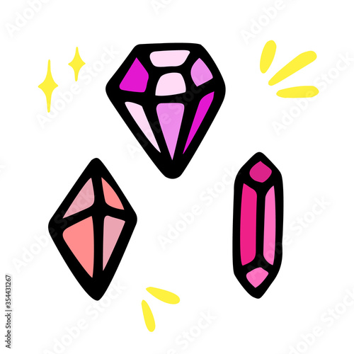 Vector set of diamonds in cartoon style. Hand drawn, doodle elements isolated on white background