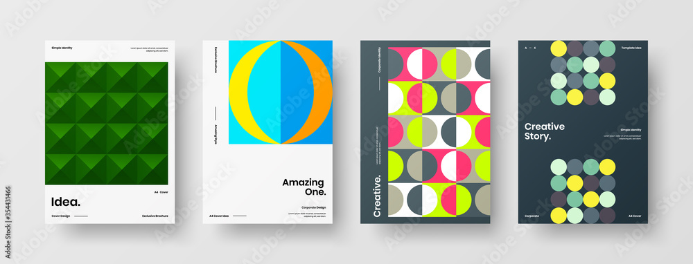 Fototapeta premium Company identity brochure template collection. Business presentation vector A4 vertical orientation front page mock up set. Corporate report cover abstract geometric illustration design layout bundle.
