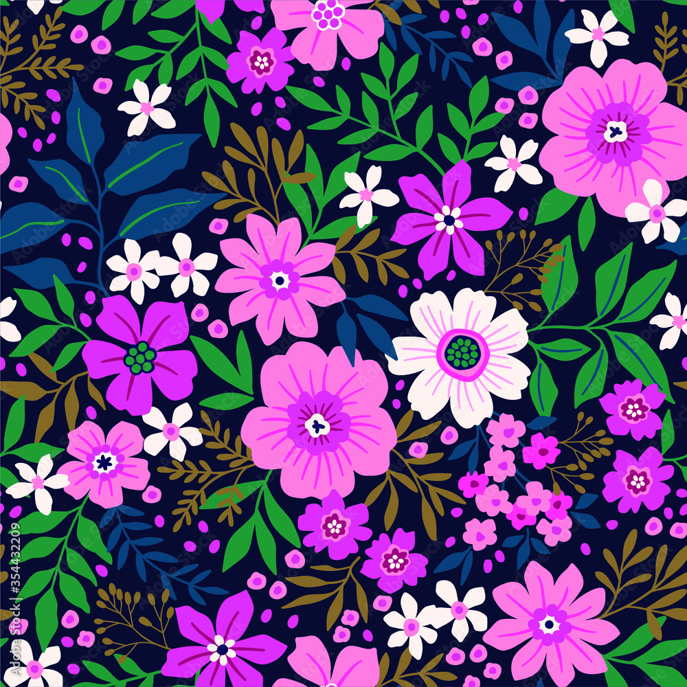 Trendy seamless vector floral pattern. Endless print made of small colorful flowers, leaves and berries. Summer and spring motifs. Vector illustration.