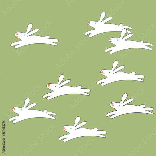 Vector illustration of eight running cute white hares and rabbits. Can be used for prints, cards, decor,textile.