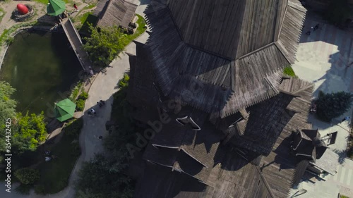 Church of St. Nicholas in Izmailovsky Kremlin (Kremlin in Izmailovo), Moscow, Russia. The new church, built in the traditions of Russian wooden architecture. Aerial photo