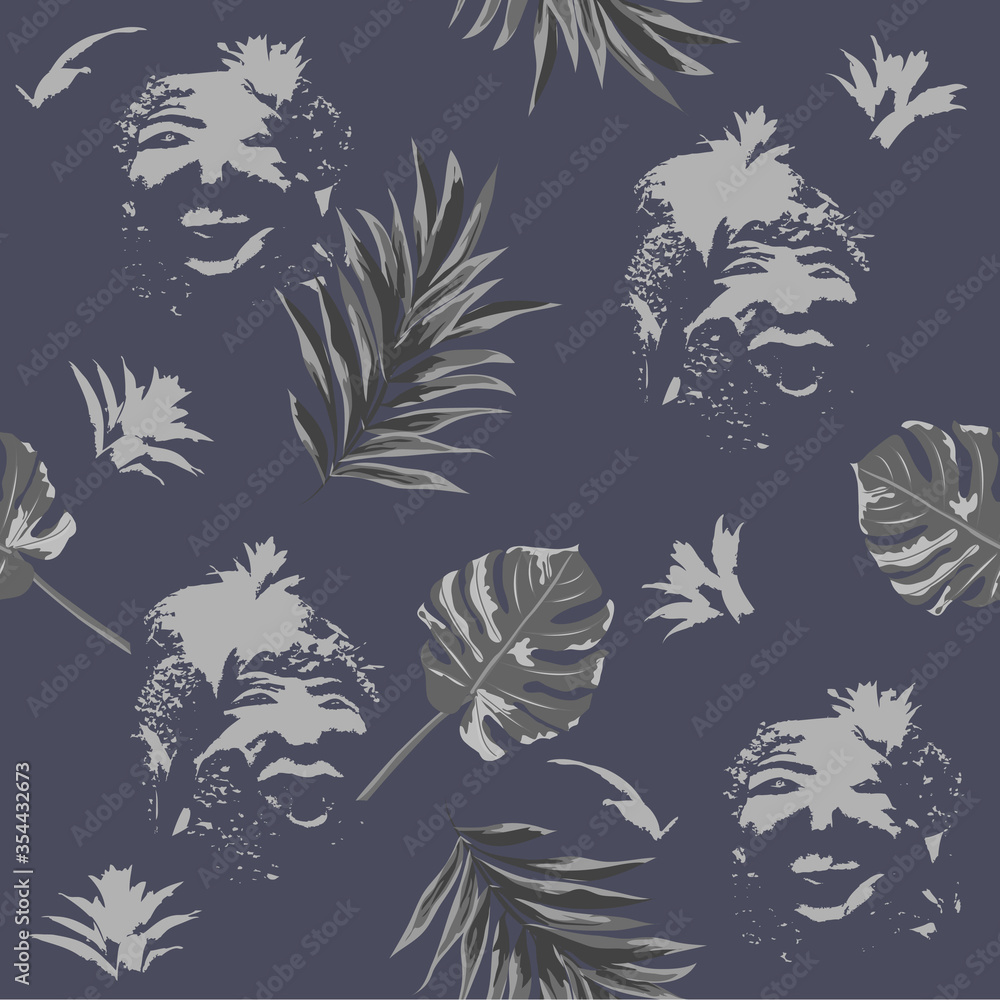 Seamless art pattern with print of tropical leaves and abstract