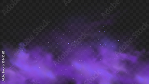 Purple smoke isolated on transparent dark background. Abstract purple powder explosion with particles and glitter. Smoke hookah, poison gas, violet dust, fog effect. Realistic vector illustration