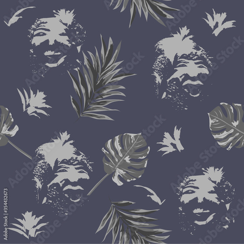 Seamless art pattern with print of tropical leaves and abstract portraits of primitive people. Hand-drawn background for printing on fabric, clothing, home textiles, wallpaper, gift wrapping.
