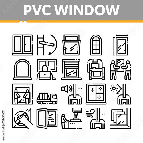 Pvc Window Frames Collection Icons Set Vector. Pvc Window Architectural Glass Building Detail And Handle, Carrying Truck And Jalousie Concept Linear Pictograms. Monochrome Contour Illustrations