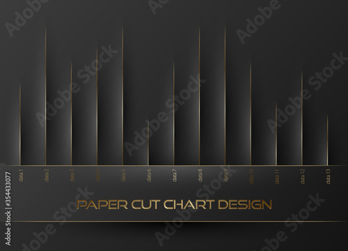 Black paper cut diagram chart with golden elements and shadow. Vector gold vip infographic design concept. Luxury analytical diagram dark background