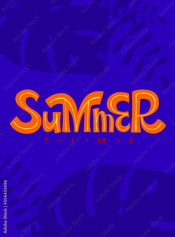 Abstract summer background with palm leaves and lettering. Template for social media stories design, banner, greeting card, poster and advertising. Vector illustration Abstract summer background with palm leaves and lettering. Template for social media stories design, banner, greeting card, poster and advertising. Vector illustration