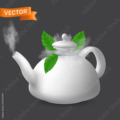 Boiling porcelain teapot with mint leaves. Vector realistic illustration of ceramic kettle with lid. Modern tableware crockery pot for tea and other hot drinks preparation. Side view
