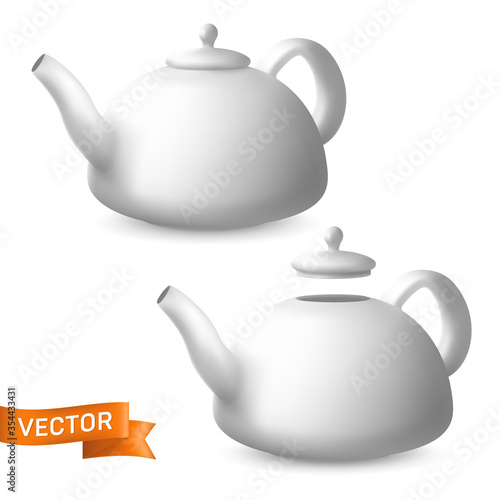 Porcelain teapots side view vector set. Realistic illustration of ceramic kettles with lids. Modern tableware crockery pot for tea and other hot drinks preparation