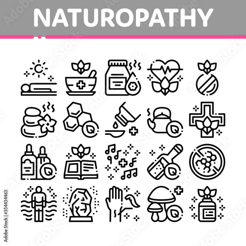 Traditional Naturopathy Medicine Icons Set Vector. Naturopathy Alternative Therapy With Honey And Herb, Music And Mushrooms Concept Linear Pictograms. Monochrome Contour Illustrations