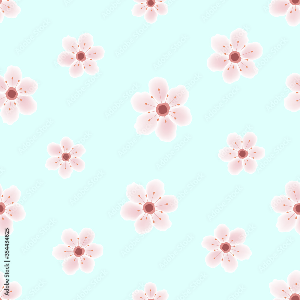 Beautiful cherry blossoms seamless pattern on blue background. Sakura in bloom. Cute flowers flowing in the wind.