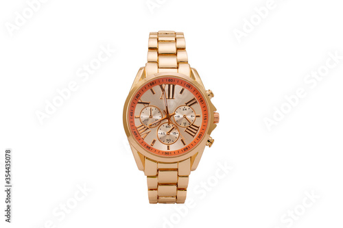 Bilde på lerret Gold colored elegant chronograph wristwatch with metal oyster style bracelet, yellow and orange colored dial face and roman numerals isolated on white background