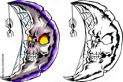 Fantastic crescent in the shape of a human skull with a spider. Color pattern in tatto style. Vector illustration