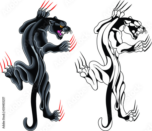 Stylized image of a black attacking panther with claws for a tattoo.