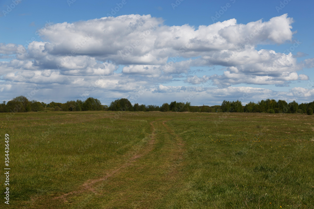 Rural road in green meadow and blue sky with clouds, The road through the old grass field