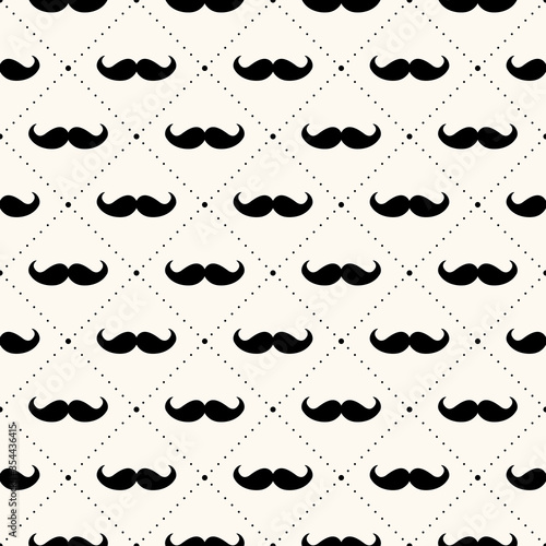 Seamless vector geometric pattern with mustaches and polka dot. Background for Fathers Day. Modern simple hipster texture.