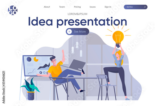 Idea presentation landing page with header. Startup founders discussing project, brainstorming and sharing ideas in office scene. Coworking, teamwork and creativity situation flat vector illustration.