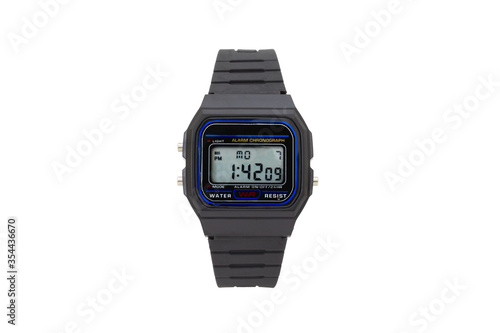 Black digital chronograph wristwatch with black waffle style rubber strap, isolated on white background.