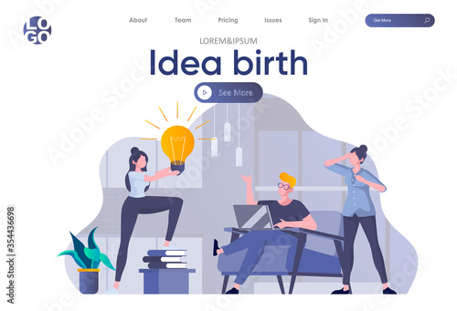 Idea birth landing page with header. Students discussing project, startup team brainstorming new great idea in office scene. Coworking, teamwork and creativity situation flat vector illustration.